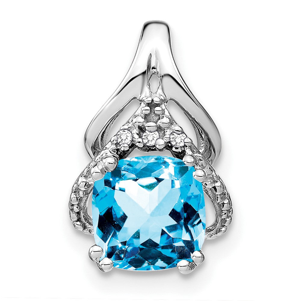 14k White Gold Cushion Blue Topaz and Real Diamond Pendant