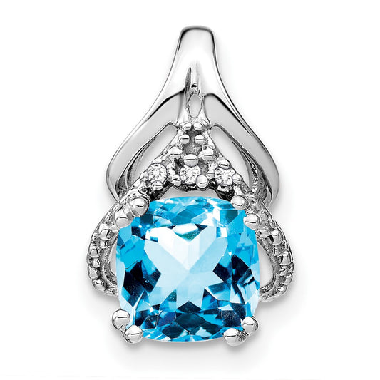 14k White Gold Cushion Blue Topaz and Real Diamond Pendant