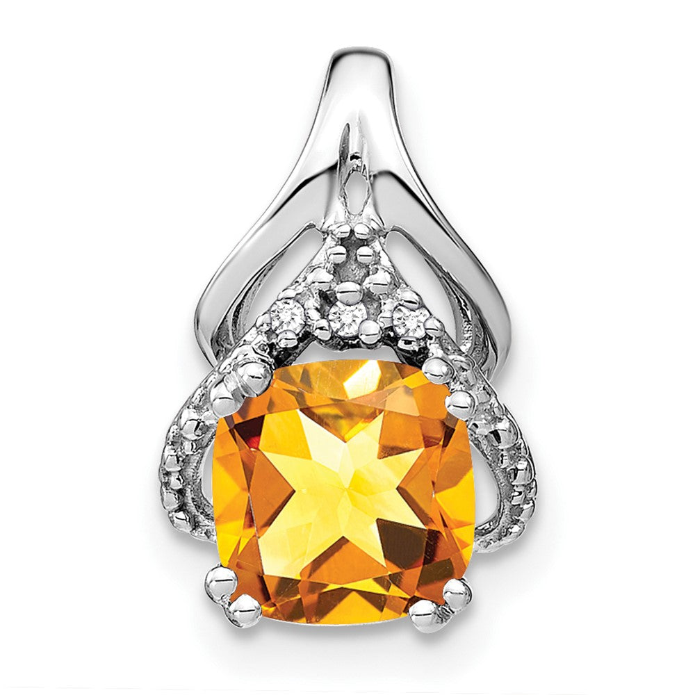14k White Gold Cushion Citrine and Real Diamond Pendant