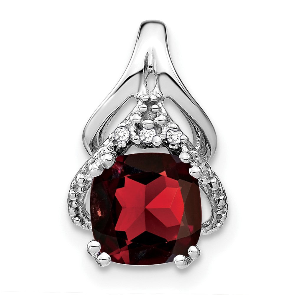 14k White Gold Cushion Garnet and Real Diamond Pendant