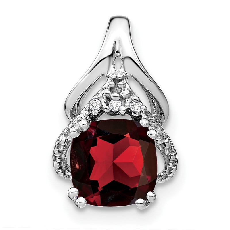 14k White Gold Cushion Garnet and Real Diamond Pendant