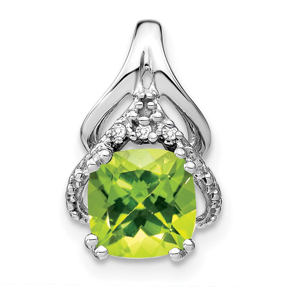 14k White Gold Cushion Peridot and Real Diamond Pendant