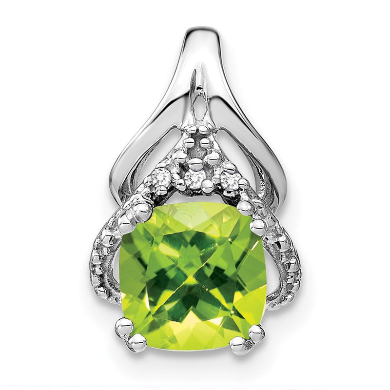 14k White Gold Cushion Peridot and Real Diamond Pendant