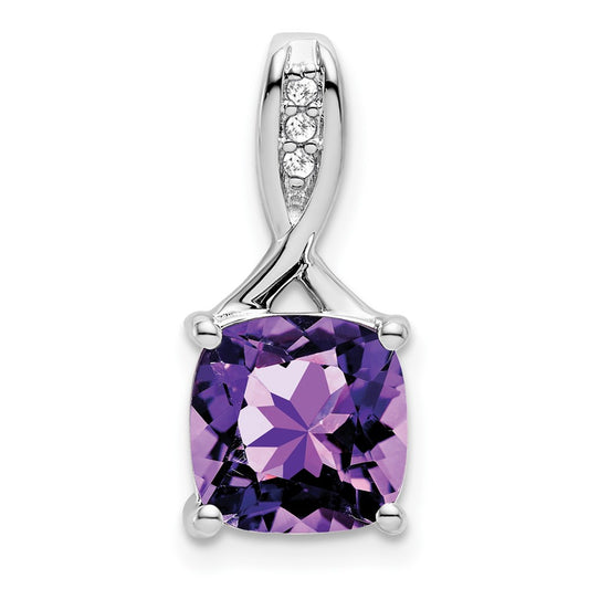 14k White Gold Cushion Amethyst and Real Diamond Pendant