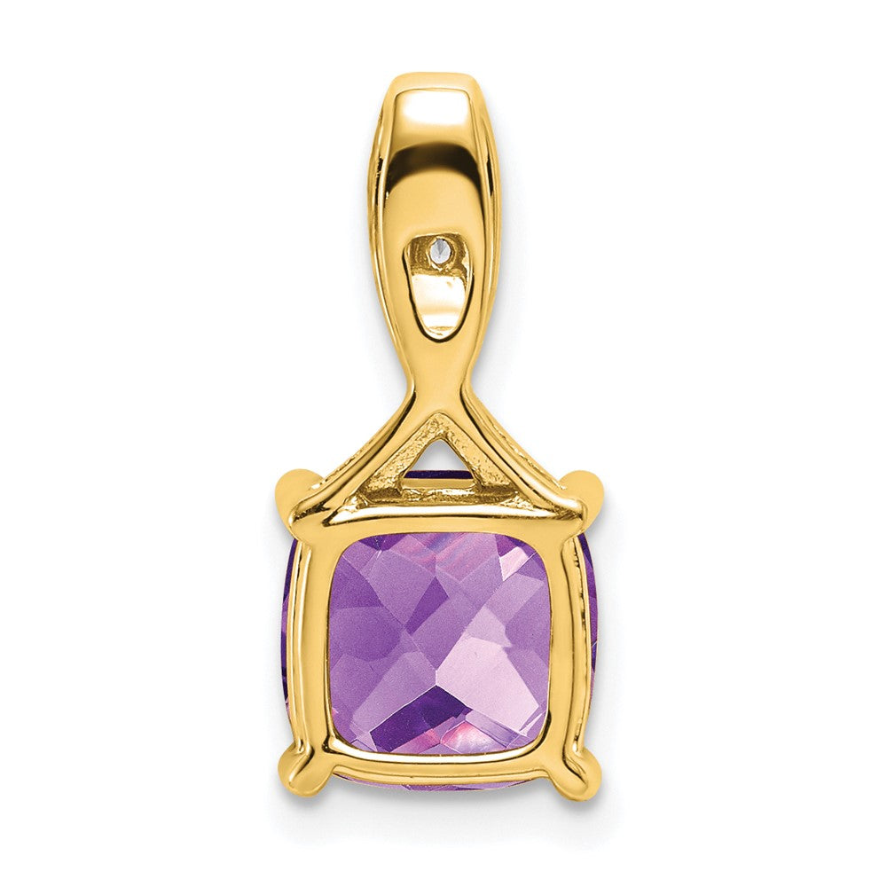 14K Yellow Gold Cushion Amethyst and Real Diamond Pendant