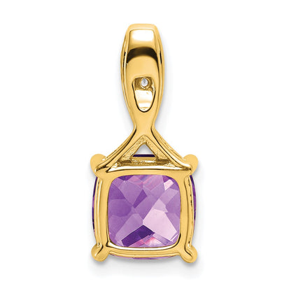 14K Yellow Gold Cushion Amethyst and Real Diamond Pendant