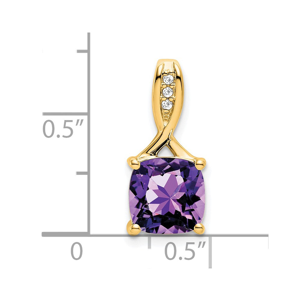 14K Yellow Gold Cushion Amethyst and Real Diamond Pendant