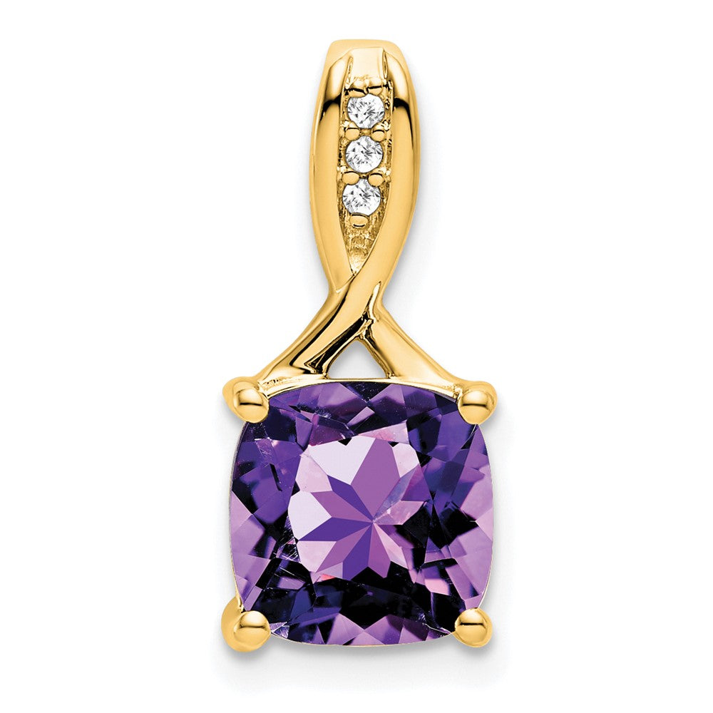 14K Yellow Gold Cushion Amethyst and Real Diamond Pendant