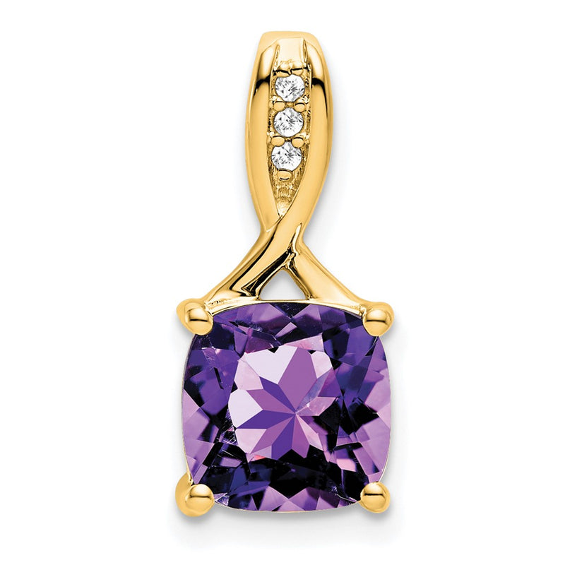 14K Yellow Gold Cushion Amethyst and Real Diamond Pendant