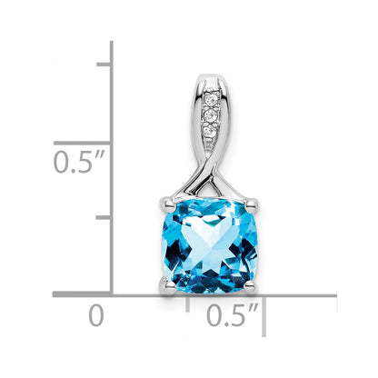14k White Gold Cushion Blue Topaz and Real Diamond Pendant