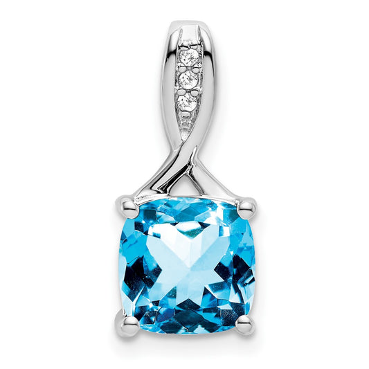 14k White Gold Cushion Blue Topaz and Real Diamond Pendant