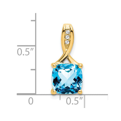 14K Yellow Gold Cushion Blue Topaz and Real Diamond Pendant