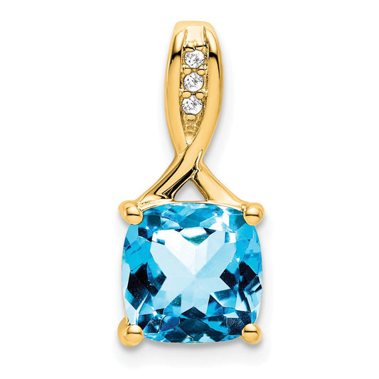 14K Yellow Gold Cushion Blue Topaz and Real Diamond Pendant