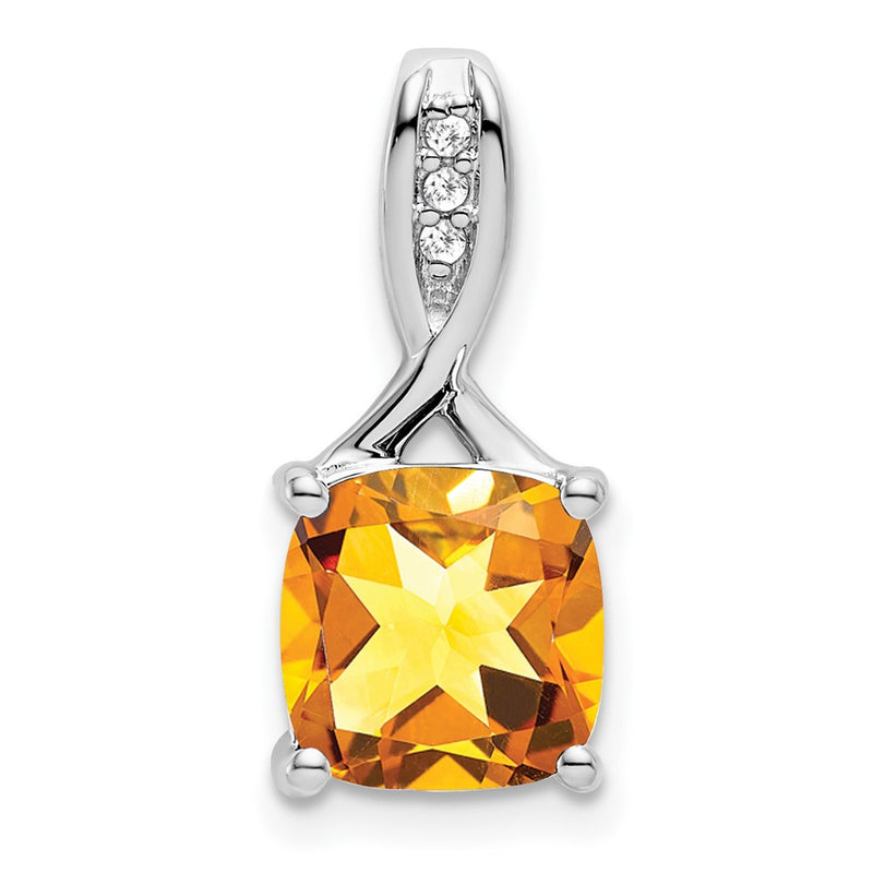 14k White Gold Cushion Citrine and Real Diamond Pendant