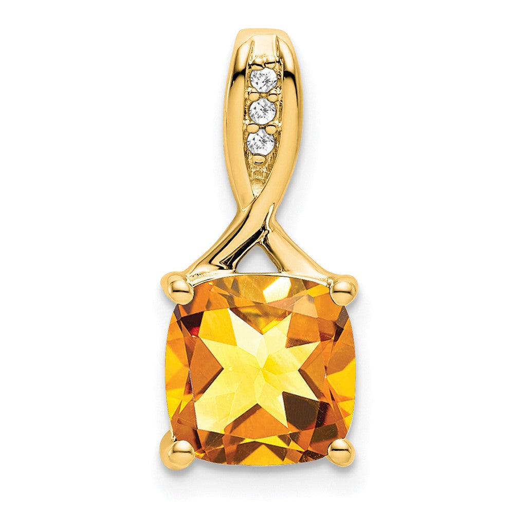 14K Yellow Gold Cushion Citrine and Real Diamond Pendant