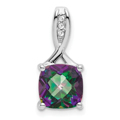 14k White Gold Cushion Mystic Fire Topaz and Real Diamond Pendant
