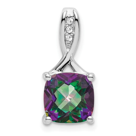 14k White Gold Cushion Mystic Fire Topaz and Real Diamond Pendant