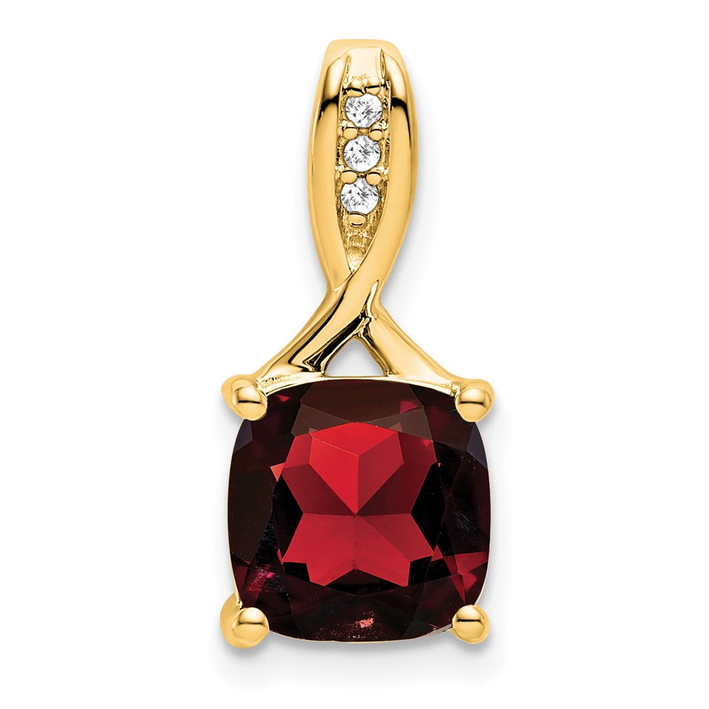 14K Yellow Gold Cushion Garnet and Real Diamond Pendant