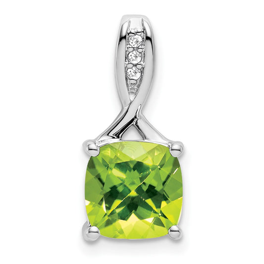 14k White Gold Cushion Peridot and Real Diamond Pendant