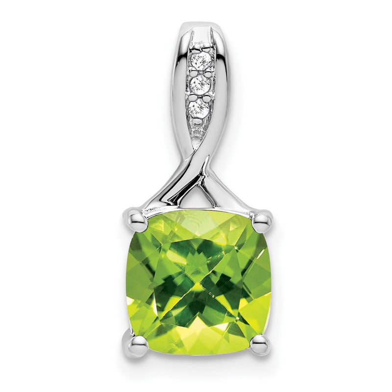 14k White Gold Cushion Peridot and Real Diamond Pendant
