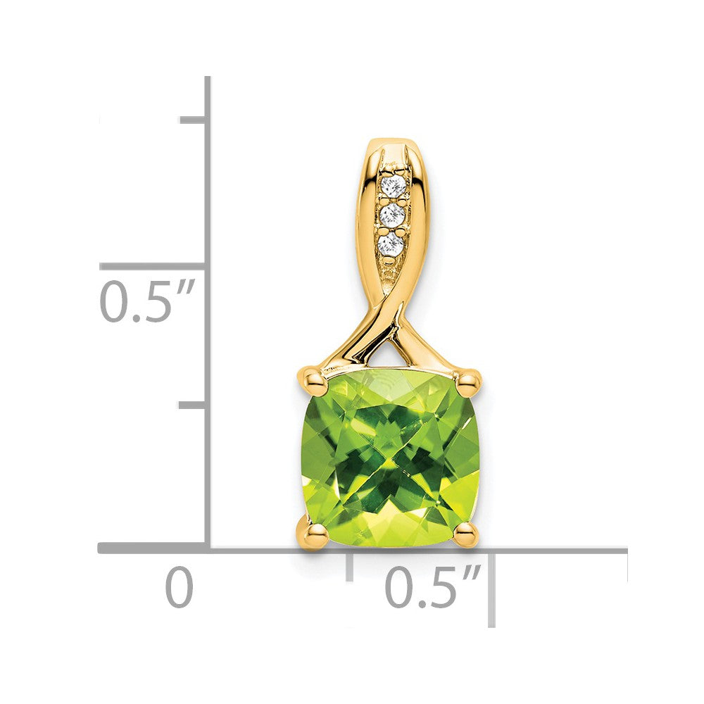 14K Yellow Gold Cushion Peridot and Real Diamond Pendant