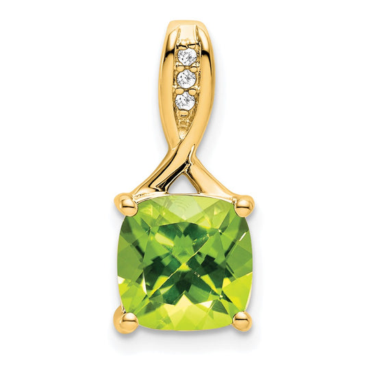 14K Yellow Gold Cushion Peridot and Real Diamond Pendant