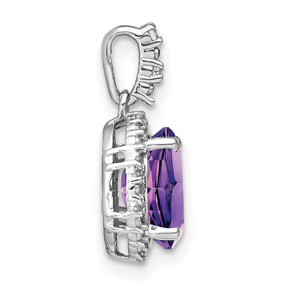 14k White Gold Oval Amethyst and Real Diamond Halo Pendant