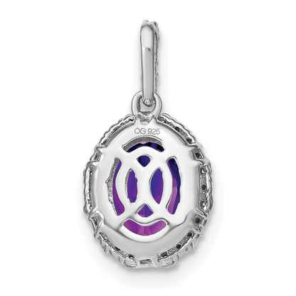 14k White Gold Oval Amethyst and Real Diamond Halo Pendant