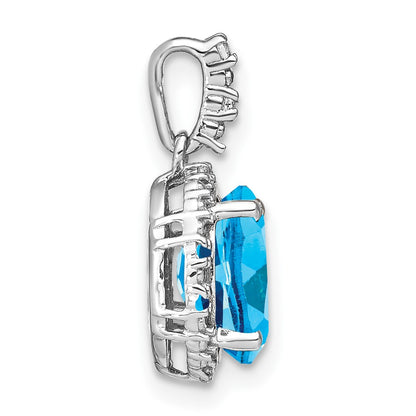 14k White Gold Oval Blue Topaz and Real Diamond Halo Pendant