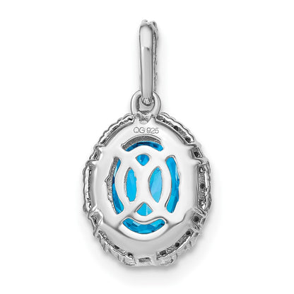 14k White Gold Oval Blue Topaz and Real Diamond Halo Pendant