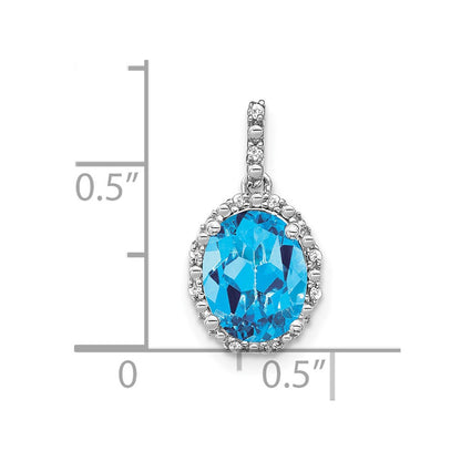 14k White Gold Oval Blue Topaz and Real Diamond Halo Pendant