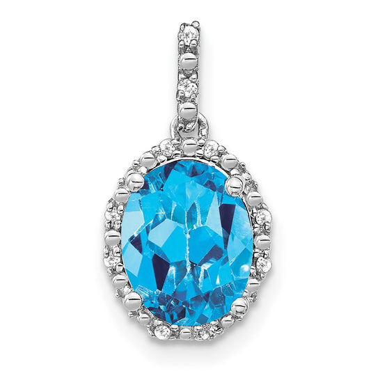 14k White Gold Oval Blue Topaz and Real Diamond Halo Pendant