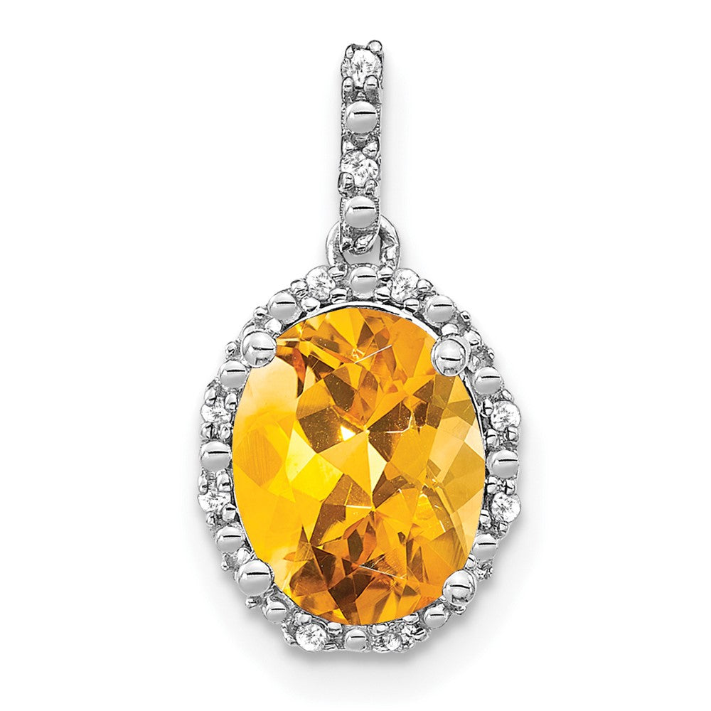 14k White Gold Oval Citrine and Real Diamond Halo Pendant