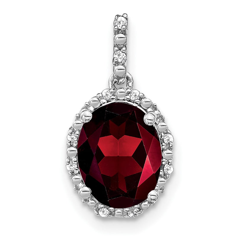 14k White Gold Oval Garnet and Real Diamond Halo Pendant