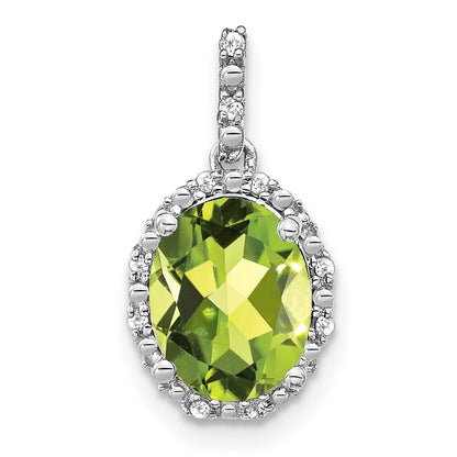 14k White Gold Oval Peridot and Real Diamond Halo Pendant