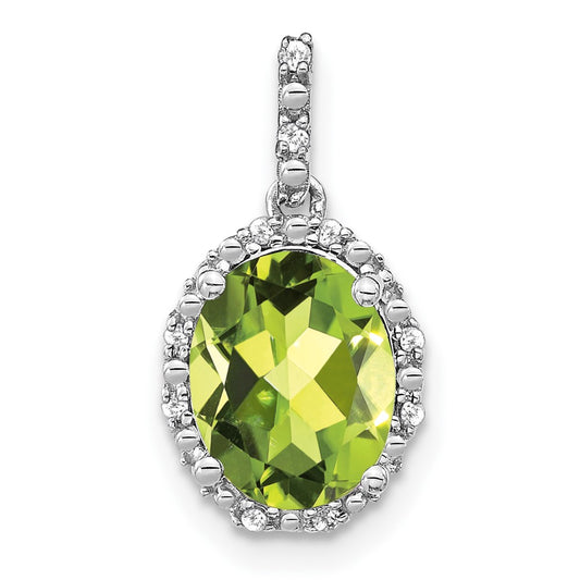 14k White Gold Oval Peridot and Real Diamond Halo Pendant