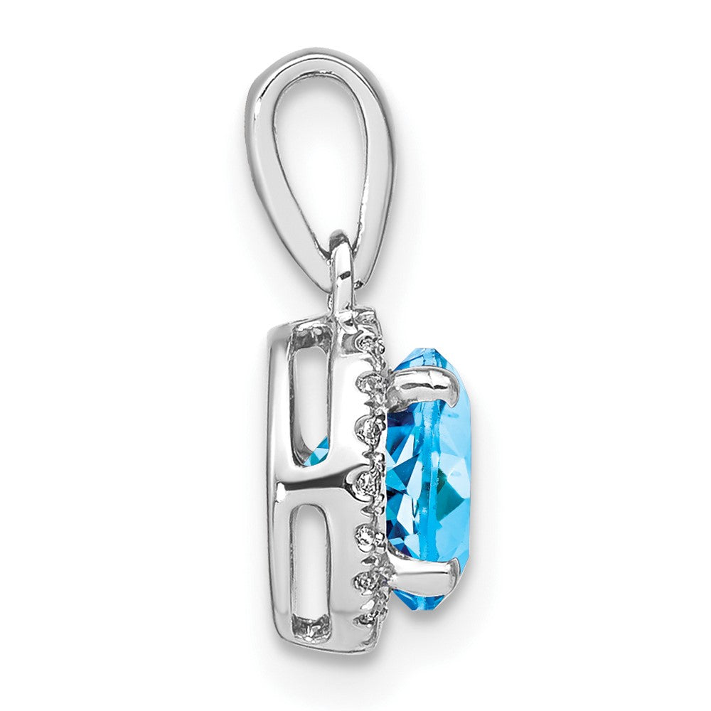 14k White Gold Blue Topaz and Real Diamond Halo Pendant