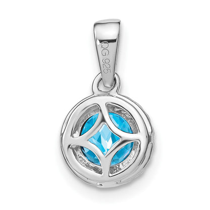 14k White Gold Blue Topaz and Real Diamond Halo Pendant
