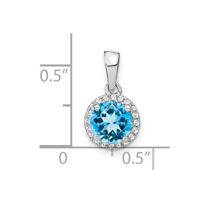 14k White Gold Blue Topaz and Real Diamond Halo Pendant