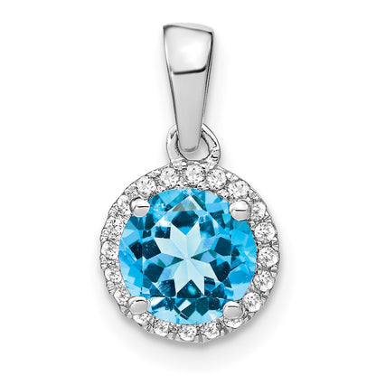 14k White Gold Blue Topaz and Real Diamond Halo Pendant