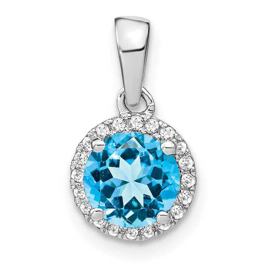 14k White Gold Blue Topaz and Real Diamond Halo Pendant