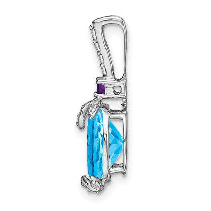 14k White Gold Oval Blue Topaz/Amethyst/Real Diamond Pendant