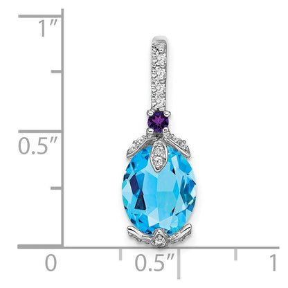 14k White Gold Oval Blue Topaz/Amethyst/Real Diamond Pendant