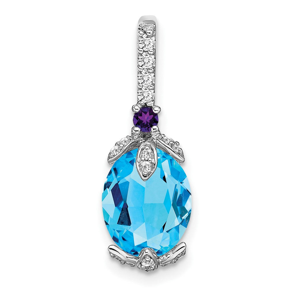 14k White Gold Oval Blue Topaz/Amethyst/Real Diamond Pendant