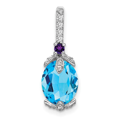 14k White Gold Oval Blue Topaz/Amethyst/Real Diamond Pendant