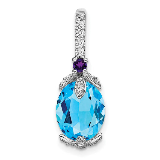 14k White Gold Oval Blue Topaz/Amethyst/Real Diamond Pendant