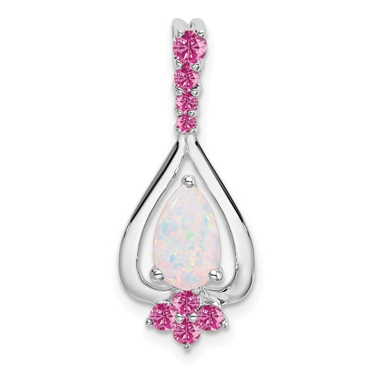 14k White Gold Pear Created Opal/Created Pink Sapphire Pendant