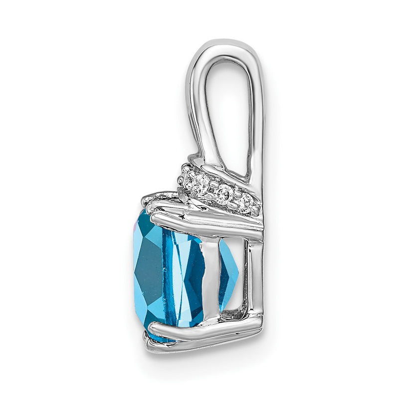 14k White Gold Cushion Blue Topaz and Real Diamond Pendant