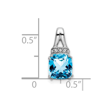 14k White Gold Cushion Blue Topaz and Real Diamond Pendant