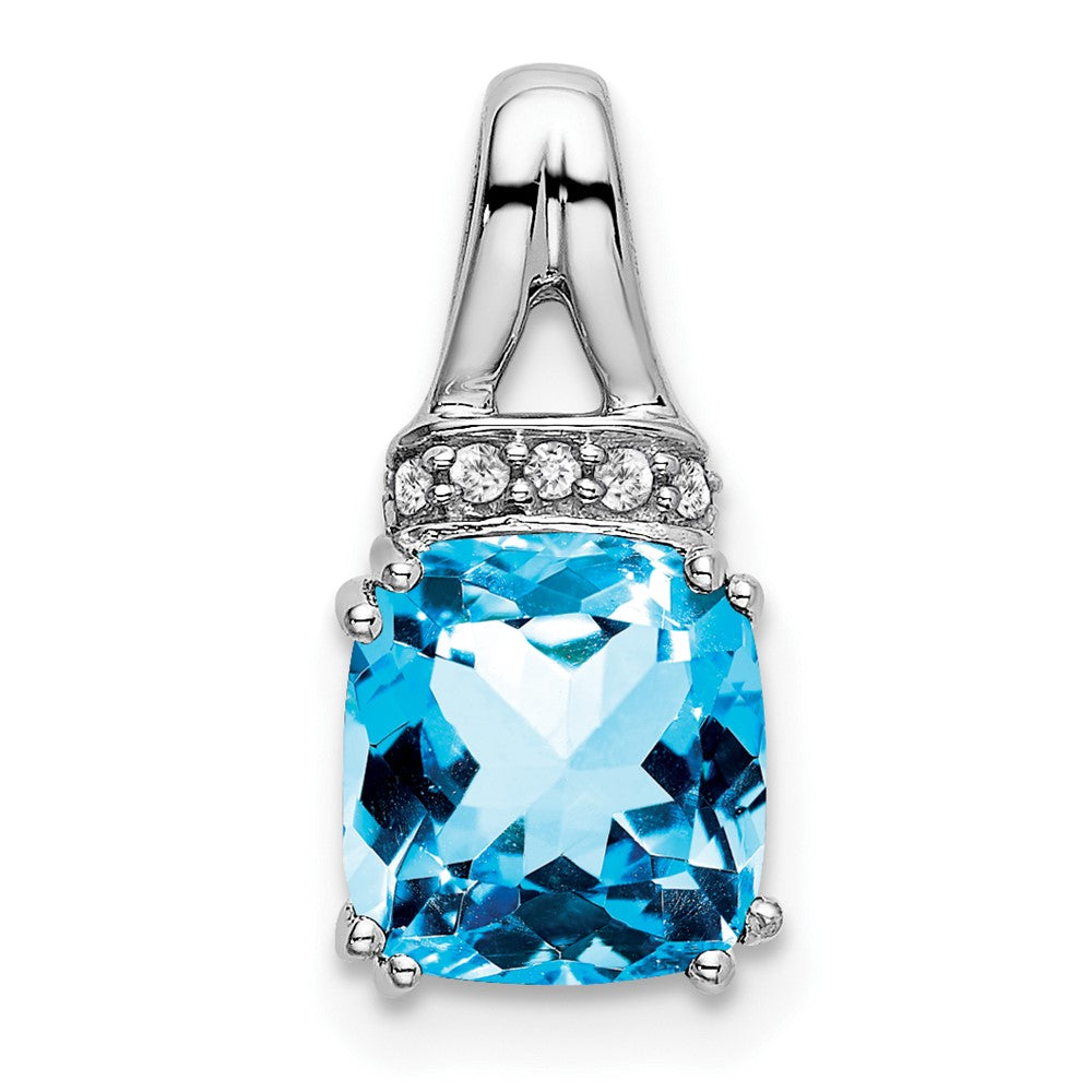 14k White Gold Cushion Blue Topaz and Real Diamond Pendant